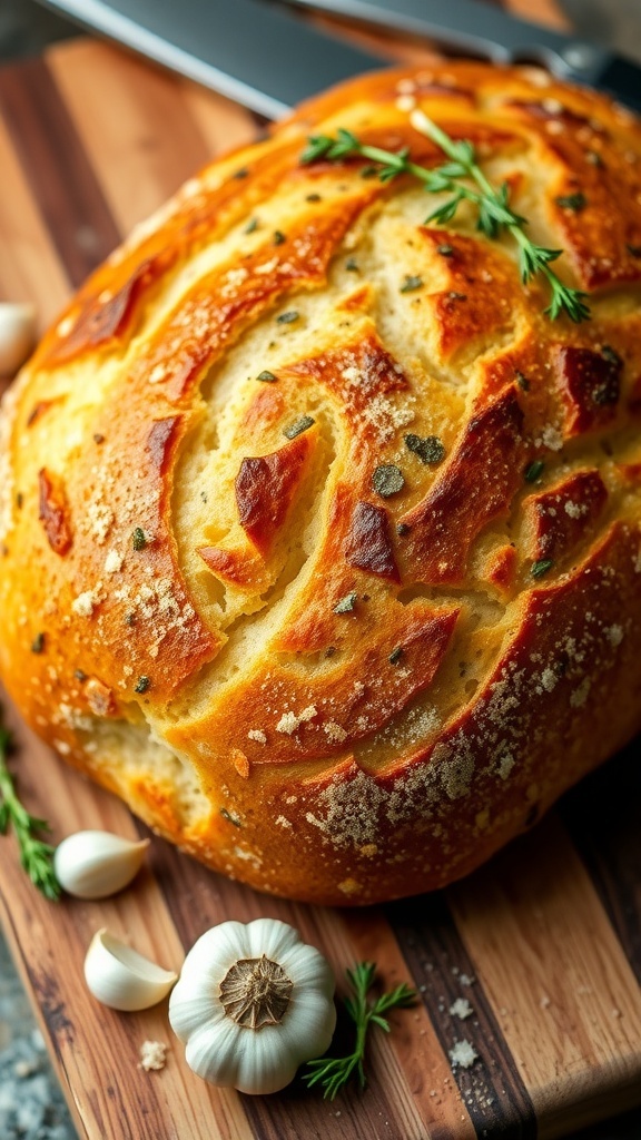 Savory Bread with Garlic and Herbs A golden brown loaf of garlic herb bread on a wooden cutting board, garnished with fresh herbs and garlic.